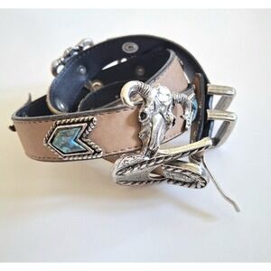 Leatherock Western Boho Tan Leather Belt Ram Skull Turquoise Silver Buckle Large